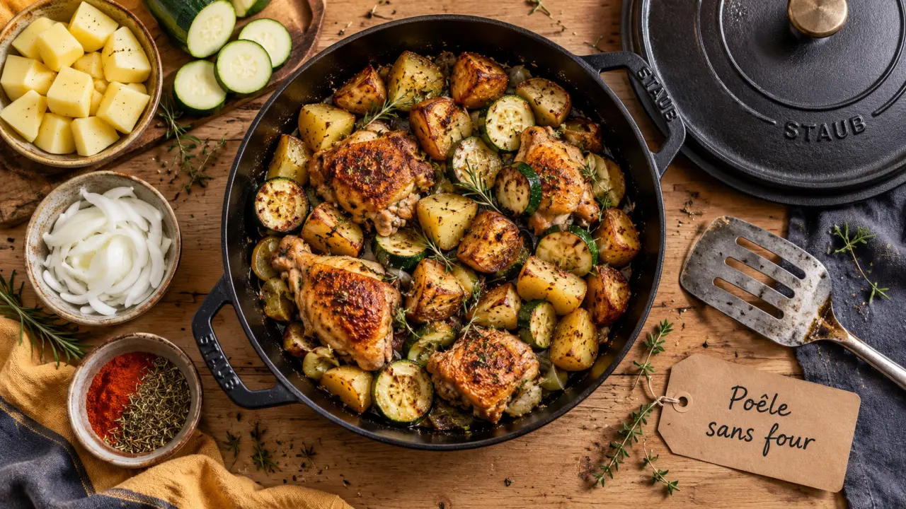 Recette à la poêle : poulet, courgettes et pommes de terre, sans four