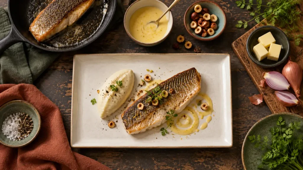 Recette gastronomique poisson : filet de bar poêlé, beurre blanc citron, dressage élégant