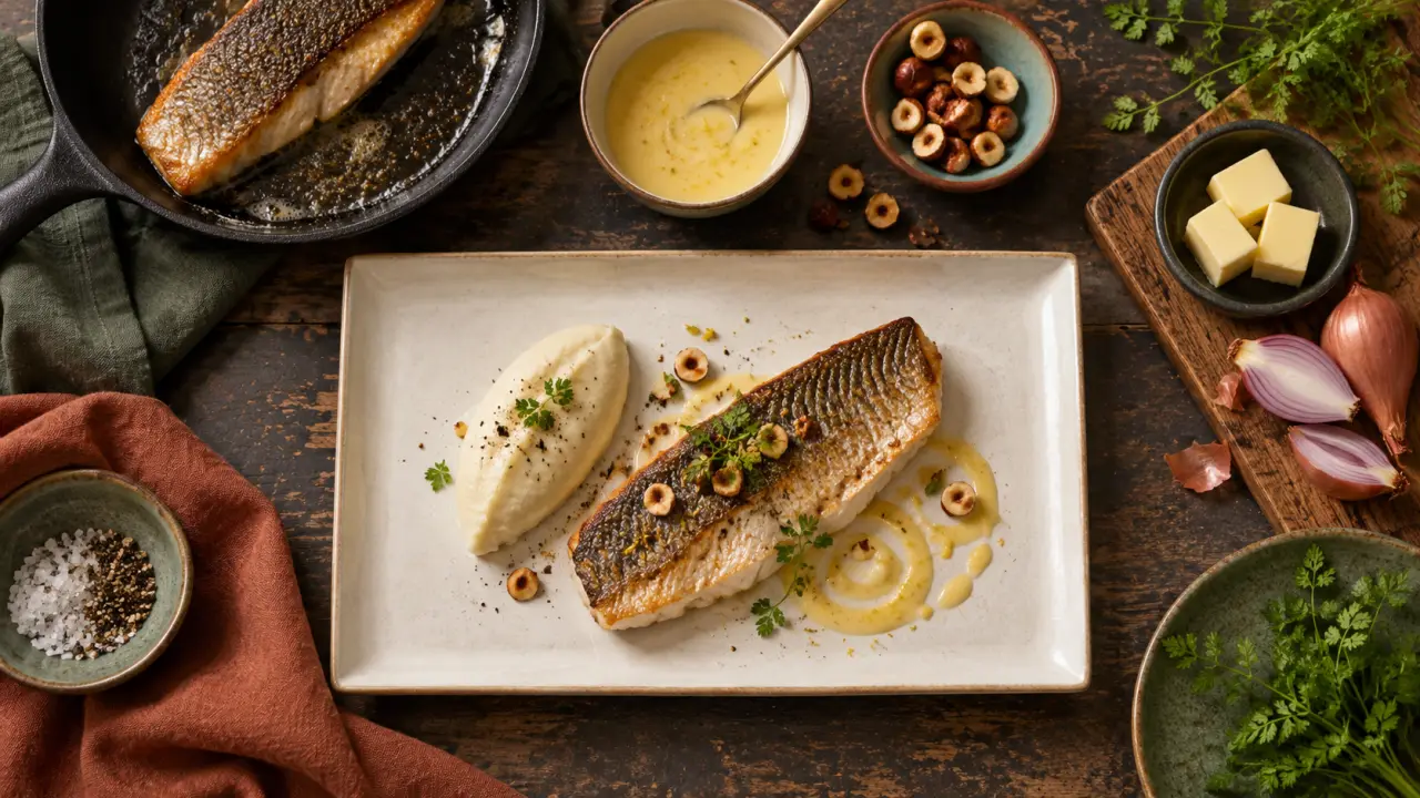 Recette gastronomique poisson : filet de bar poêlé, beurre blanc citron, dressage élégant